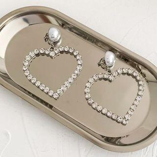Rhinestone Faux Pearl Heart Dangle Earring 1 Pair - Clip On Earrings - Silver - One Size