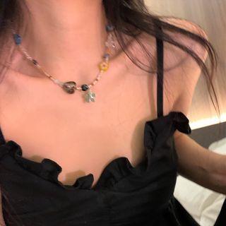 Floral Necklace 1pc - Black & Silver & Blue - One Size