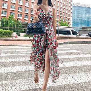 Floral Print Slit-front Pinafore Dress