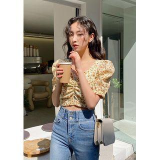 Puff-sleeve Floral Midriff Blouse