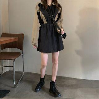 Long-sleeve Color Block Half-zip Mini A-line Dress As Shown In Figure - One Size