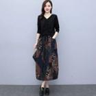 Set: Long-sleeve Drawstring T-shirt + Flower Print Midi Pencil Skirt