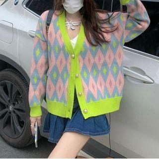 Argyle Contrast Trim Long-sleeve Cardigan Blue & Green - One Size