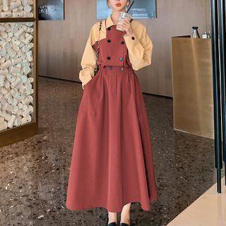 Long-sleeve Two-tone Double-breasted Midi A-line Dress