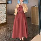 Long-sleeve Two-tone Double-breasted Midi A-line Dress