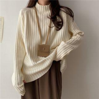 Mock-neck Ribbed Knit Sweater / Plaid Shirt