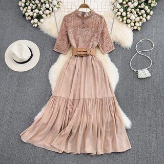 Short Sleeve Lace Panel A-line Maxi Dress