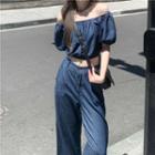 Short-sleeve Denim Blouse / Wide-leg Jeans