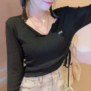 Long-sleeve V-neck Drawcord T-shirt