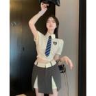 Short-sleeve Logo Embroidered Crop Shirt / Striped Tie / Mini Skort