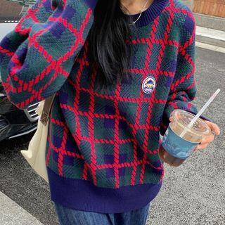 Plaid Sweater Navy Blue - One Size