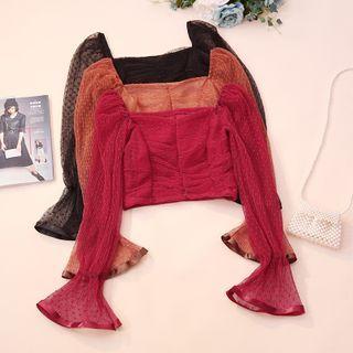 Bell-sleeve Ruched Cropped Lace Blouse