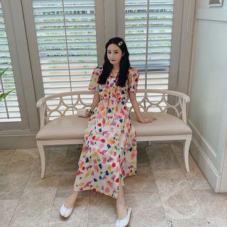 Short-sleeve Midi Floral Chiffon Dress As Shown In Figure - One Size