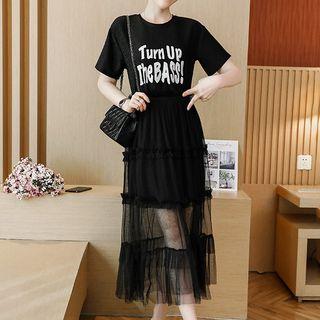 Set: Lettering Short-sleeve T-shirt Dress + Sheer Midi Skirt