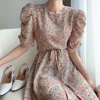 Puff-sleeve Floral Printed Tie-waist Chiffon Dress