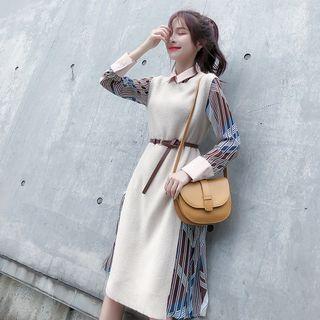Set: Striped Chiffon Shirtdress + Side Slit Knit Vest