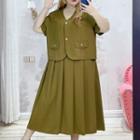 Plus Size Set: Short-sleeve Plain Blazer + Midi A-line Skirt