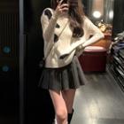 Long-sleeve Mock-neck Top / Print Sweater Vest / Pleated Mini A-line Skirt