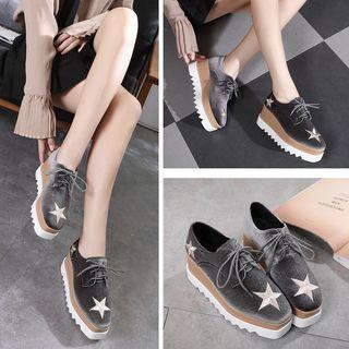 Star Embroidered Lace-up Platform Wedge Shoes