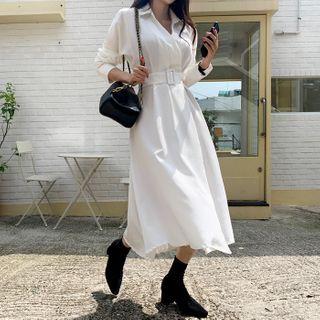 Gathered-waist Long Wrap Dress With Belt