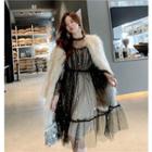 Long-sleeve Sequined Midi A-line Mesh Dress