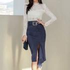 Set: Long-sleeve Lace Top + Side-slit Ruffle Pencil Skirt