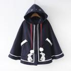 Rabbit Embroidered Hooded Cape Thick - Navy Blue - One Size