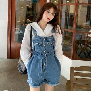 Long-sleeve Loose-fit Blouse / Denim Jumper Shorts