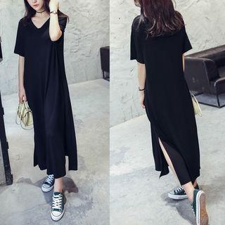 V-neck Short-sleeve Slit Midi Dress Black - One Size