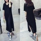 V-neck Short-sleeve Slit Midi Dress Black - One Size