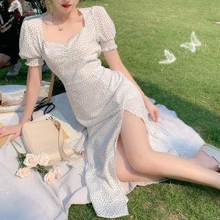 Puff-sleeve Dotted Midi A-line Dress / Cardigan
