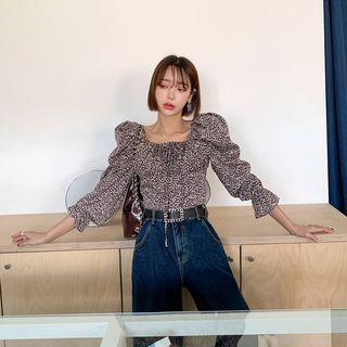 Puff-shoulder Cropped Floral Blouse