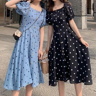 Square-neck Dotted Short-sleeve Midi A-line Dress