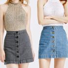 Metal-button Denim Mini Skirt