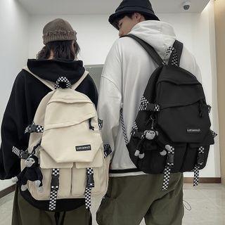 Checkered Panel Buckled Nylon Backpack / Bag Charm / Set