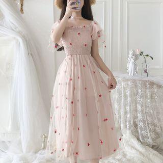 Star Print Short-sleeve Mesh Panel Midi A-line Dress