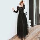 Long Sleeve Mesh Panel Sequined Evening Gown