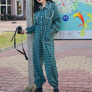 Plaid Long-sleeve Cropped Harem Jumpsuit