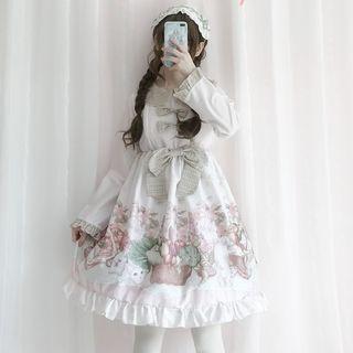 Bow-accent Printed Frilled A-line Dress