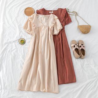 Ruffled Shirred Short-sleeve Shirtdress