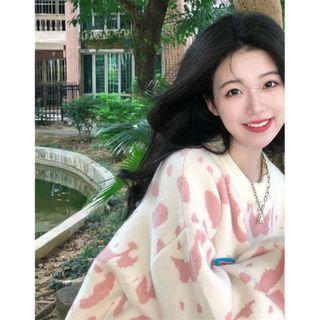 Round Neck Print Sweater Pink - One Size