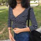 Striped 3/4-sleeve Buttoned V-neck Top