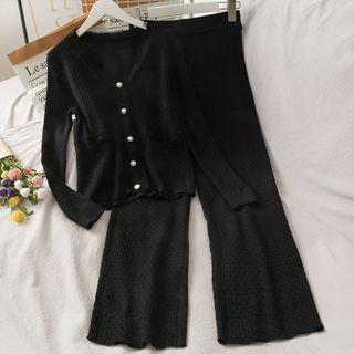 Set: Lace-trim Button-up Knit Top + Wide-leg Pants