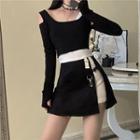 Long Sleeve Asymmetrical Cold Shoulder Crop Top / Asymmetric Mini A-line Skirt