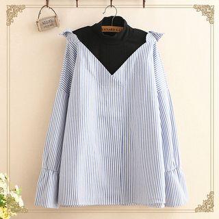 Striped Mock Two-piece High Neck Long-sleeve Blouse