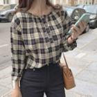 Round Neck Plaid Blouse As Shown In Figure - One Size