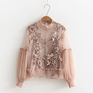 Set: Lace Applique Mesh Blouse + Camisole