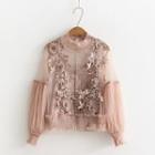Set: Lace Applique Mesh Blouse + Camisole