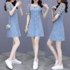 Short-sleeve Floral Panel Denim Mini A-line Dress
