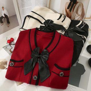 Contrasted Ribbon-accent Loose Cardigan